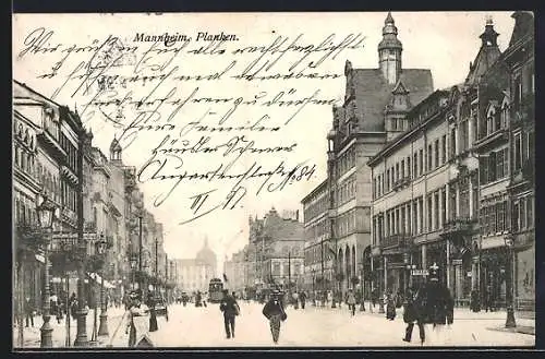 AK Mannheim, Planken, Strassenpartie mit Strassenbahn