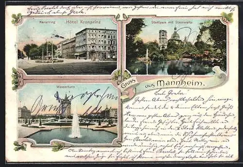 AK Mannheim, Hotel Kronprinz mit Kaiserring, Stadtpark mit Sternwarte