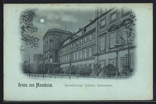 Mondschein-AK Mannheim, Grossherzogl. Schlosss, Gartenseite