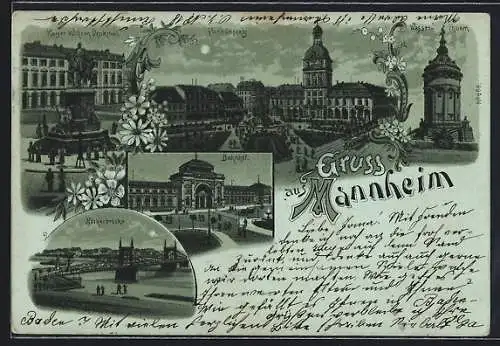 Mondschein-Lithographie Mannheim, Bahnhof, Paradeplatz, Neckarbrücke