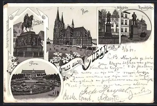 Lithographie Coeln a. Rh., Flora, Denkmal Friedrich Wilhelm III., Moltkedenkmal, Dom