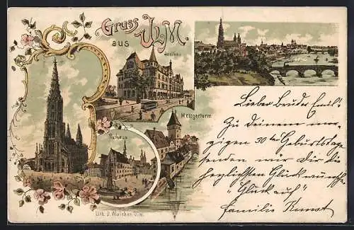 Lithographie Ulm / Donau, Saalbau, Strassenbahn, Rathaus, Münster, Metzgerturm, Panorama um 1900