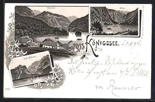 Lithographie Königssee / Berchtesgaden, St. Bartholomae, Obersee