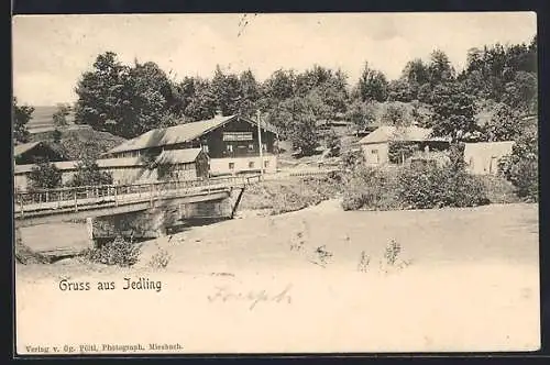 AK Miesbach-Jedling, Ortspanorama mit Brücke