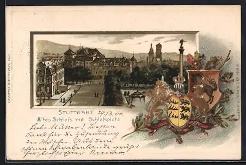 Passepartout-Präge-Lithographie Stuttgart, Altes Schloss mit Schlossplatz und Wappen