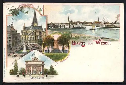 Lithographie Wesel / Rhein, Grosser Markt mit Willibrodri-Kirche, Berliner Thor