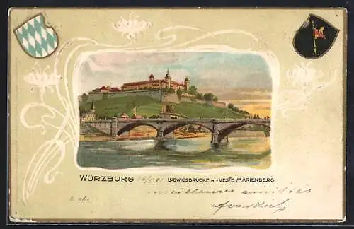 Passepartout-Lithographie Würzburg, Ludwigsbrücke mit Veste Marienberg, Wappen