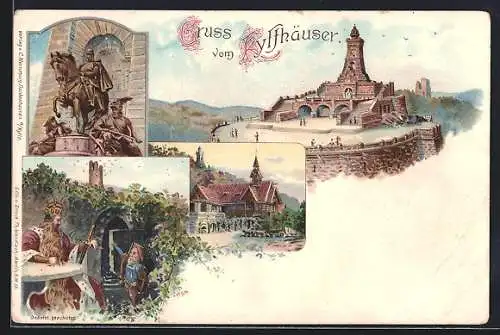 Lithographie Kyffhäuser, Gasthaus, Kyffhäuser-Denkmal, Reiterstandbild