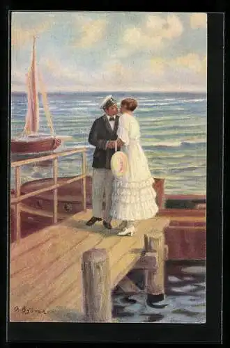 Künstler-AK sign.: A. Bjorg Seemann und seine Frau küssen sich auf einem Steg