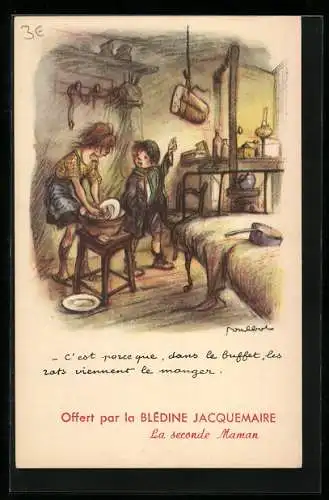 Künstler-AK Francisque Poulbot: Mutter wäscht geschirr, Kind hungert und zeigt auf das Brot an der Decke