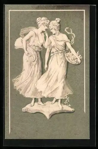 Lithographie Ein Frau mit Sichel und Garbe und eine Frau mit Blumenkorb, Allegorie Erntedank