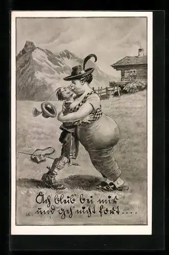 Künstler-AK Grosse Frau küsst kleinen Mann auf einer Bergwiese