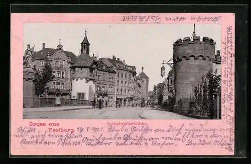 AK Freiburg / Breisgau, Schwabenthorbrücke mit Statue und Turm