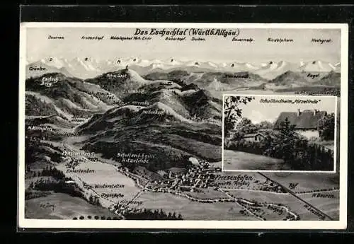 Künstler-AK Eugen Felle: Friesenhofen / Allgäu, Schullandheim Hitzelinde, Panorama mit Pension Heiss u. Eisenbach