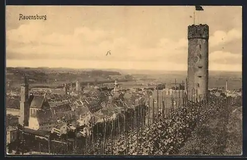 AK Ravensburg / Württ., Teilansicht mit Turm von einem Weinberg aus