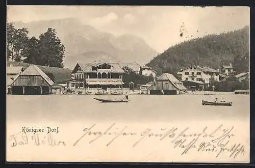 AK Königsee / Berchtesgaden, Ortspanorama vom Wasser aus, mit Booten