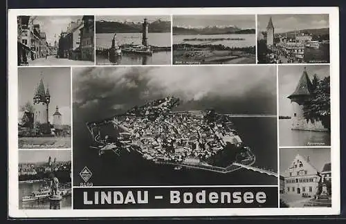 AK Lindau / Bodensee, Hauptstrasse, Hafeneinfahrt, Altes Rathaus, Pulverturm, Hafenpartie