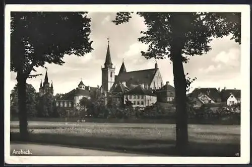 AK Ansbach / Bayern, Ortspartie mit Kirche