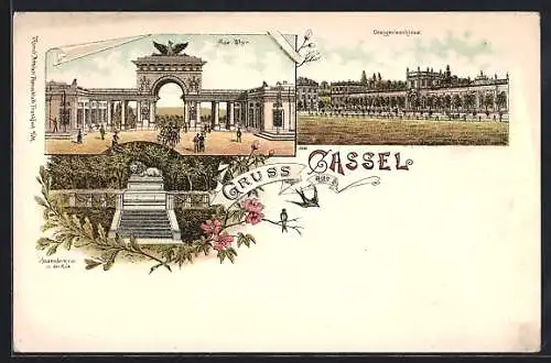 Lithographie Cassel, Orangerie-Schloss, Aue-Thor und Hessendenkmal