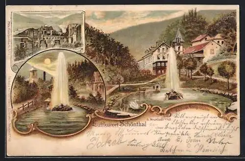 Lithographie Schönthal / Opf., Kurhaus Königsmühle, Fontäne, Ortspartie