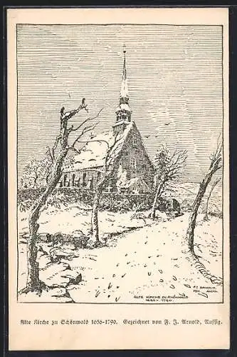 Künstler-AK Peterswald, Schönwald, Alte Kirche im Winter