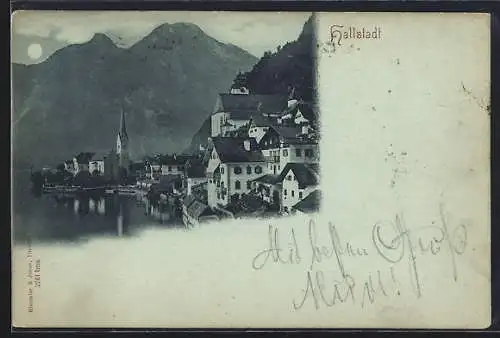 Mondschein-AK Hallstatt, Ortspartie am Seeufer