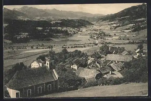 AK St. Martin im Ennstale, Ortsansicht mit Fernblick und Bergpanorama aus der Vogelschau