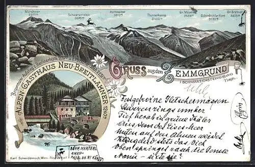Lithographie Ginzling, Zemmgrund, Gasthaus Neu-Breitlahner mit Umgebung, Bergpanorama