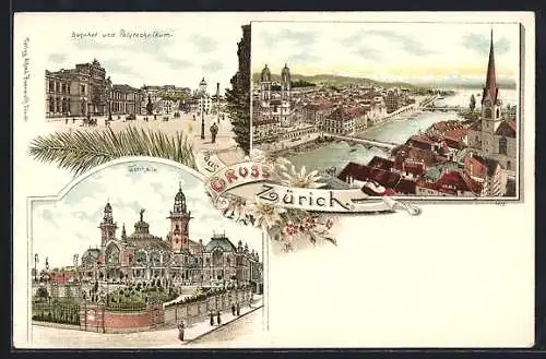 Lithographie Zürich, Bahnhof u. Polytechnikum, Tonhalle, Teilansicht mit Brücken aus der Vogelschau