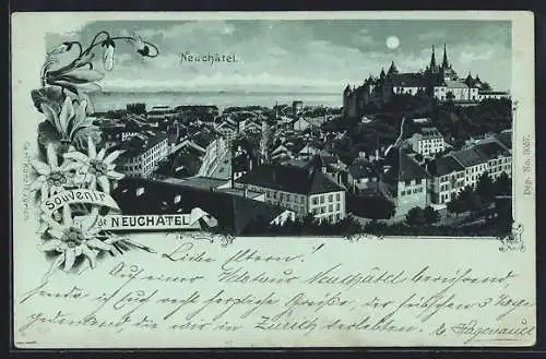 Mondschein-Lithographie Neuchatel, Ortsansicht mit Fernblick aus der Vogelschau, Edelweiss