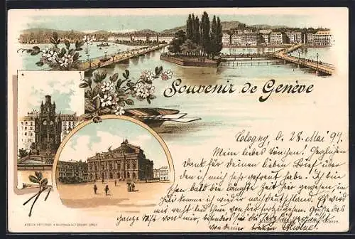 Lithographie Genf, Brücken-Panorama vom Wasser aus, Ortspartie, Säulendenkmal