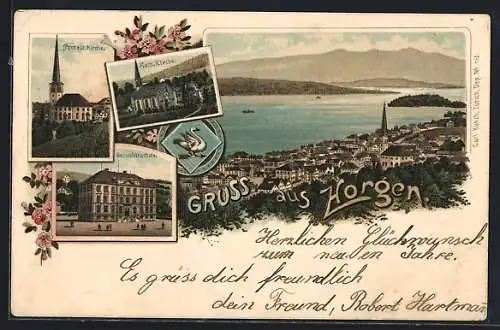 Lithographie Horgen, Secundarschule, Protest. u. kath. Kirche, Wappen, Ortsansicht mit Wasser- u- Bergblick