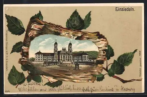 Passepartout-Präge-Lithographie Einsiedeln, Blick auf das Kloster