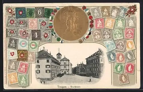 AK Trogen, Dorfplatz im Briefmarken-Passepartout