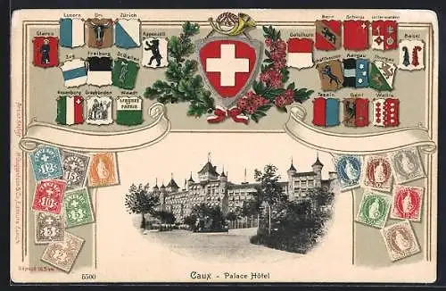 Präge-AK Caux, Palace Hotel, Passepartout mit Wappen und Briefmarken