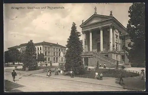 AK Winterthur, Stadthaus und Primarschule mit Passanten