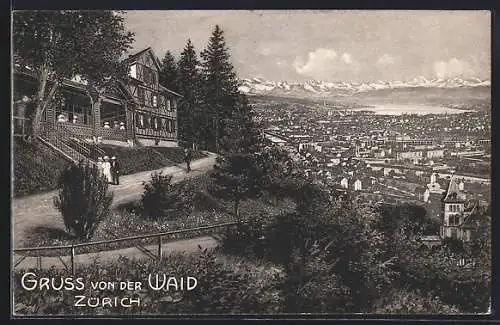 AK Zürich, Restaurant die Waid mit Blick auf die Stadt