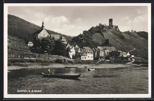 AK Beilstein / Mosel, Flusspartie mit Blick zur Kirche und Ruine