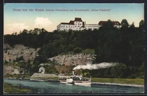 AK Fürstenberg / Weser, Schloss Fürstenberg mit Salondampfer Kaiser Friedrich