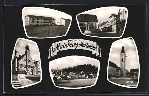 AK Mainburg /Hallertau, Rathaus mit Denkmal, Turm und Strassenpartie, Ortspartie