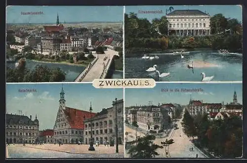 AK Zwickau i. Sa., Schwanenschloss, Hauptmarkt, Bahnhofstrasse mit Strassenbahn