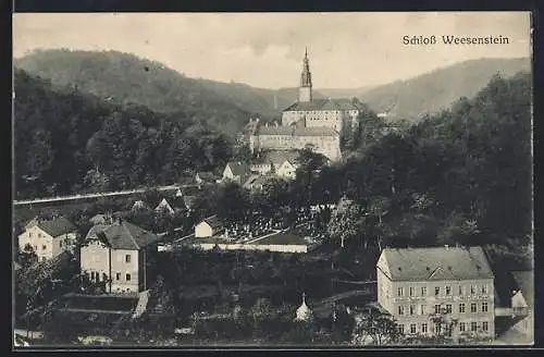 AK Weesenstein, Schloss Weesenstein und Hotel zur Post, Bahnhofs-Restaurant