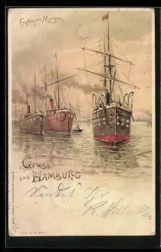 Lithographie Hamburg, Hafen am Morgen, Leuchtende Schiffs-Fenster bei Halt gegen das Licht