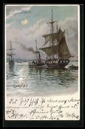 Lithographie Hamburg, Hafen bei Nacht, Schiffe mit leuchtenden Fenstern, Halt gegen das Licht