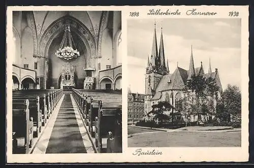 AK Hannover, Lutherkirche, Jubiläum 1938, Baustein-Karte, mit Innenansicht