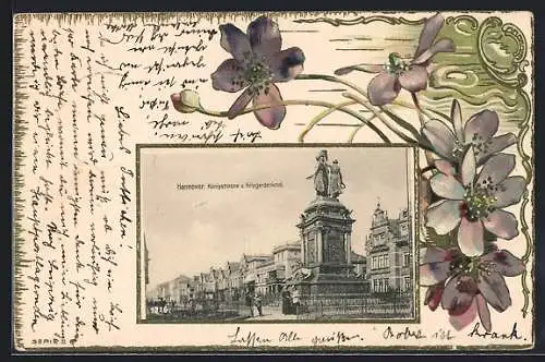 Lithographie Hannover, Königstrasse und Kriegerdenkmal, Blumen, Ornamente