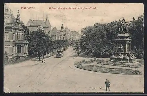 AK Hannover, Kriegerdenkmal und Hohenzollernstrasse mit Strassenbahn