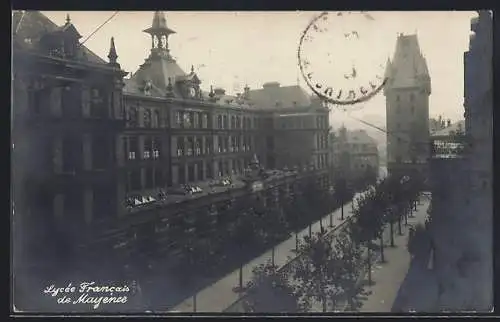 AK Mainz, Französisches Lyceum mit Uferstrasse aus der Vogelschau, Turm