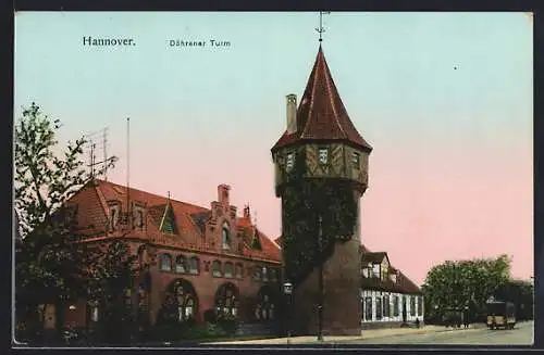 AK Hannover, Gasthof Döhrener Turm mit Strasse, mit leuchtenden Fenstern