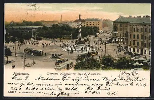 AK Wien, Praterstern mit Tegetthoff-Monument und Srassenbahnen